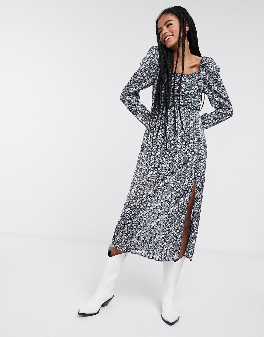 Other Stories &  Floral Print Puff-sleeve Midi Dress In Multi