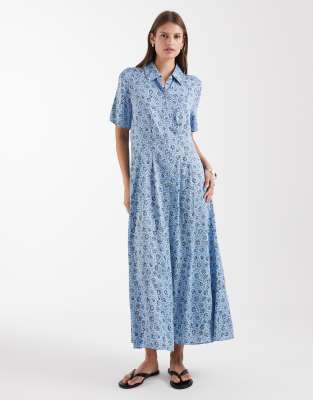 & Other Stories Floral Print Shirt Midaxi Dress In Blue