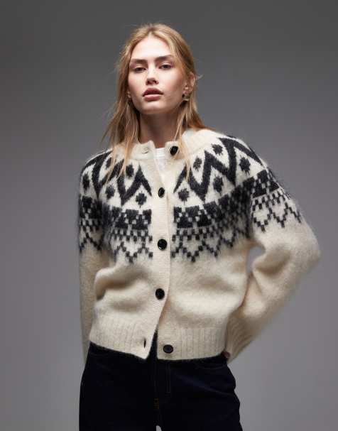 & Other Stories fluffy wool and mohair blend fair isle yarn jacquard print cardigan in white - view 1