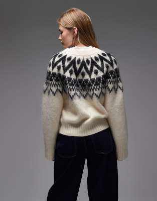& Other Stories Fluffy Wool And Mohair Blend Fair Isle Yarn Jacquard Print Cardigan In Neutral