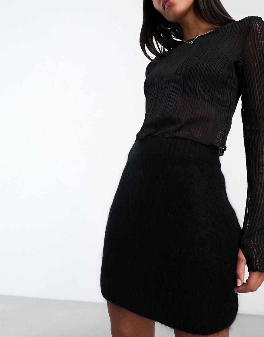 & Other Stories fluffy yarn wool blend mini skirt in black