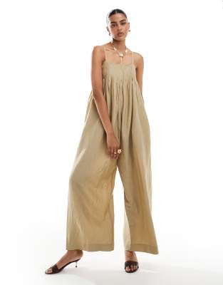 & Other Stories & Other Stories fluid wide leg jumpsuit with relaxed square neck in beige-Neutral