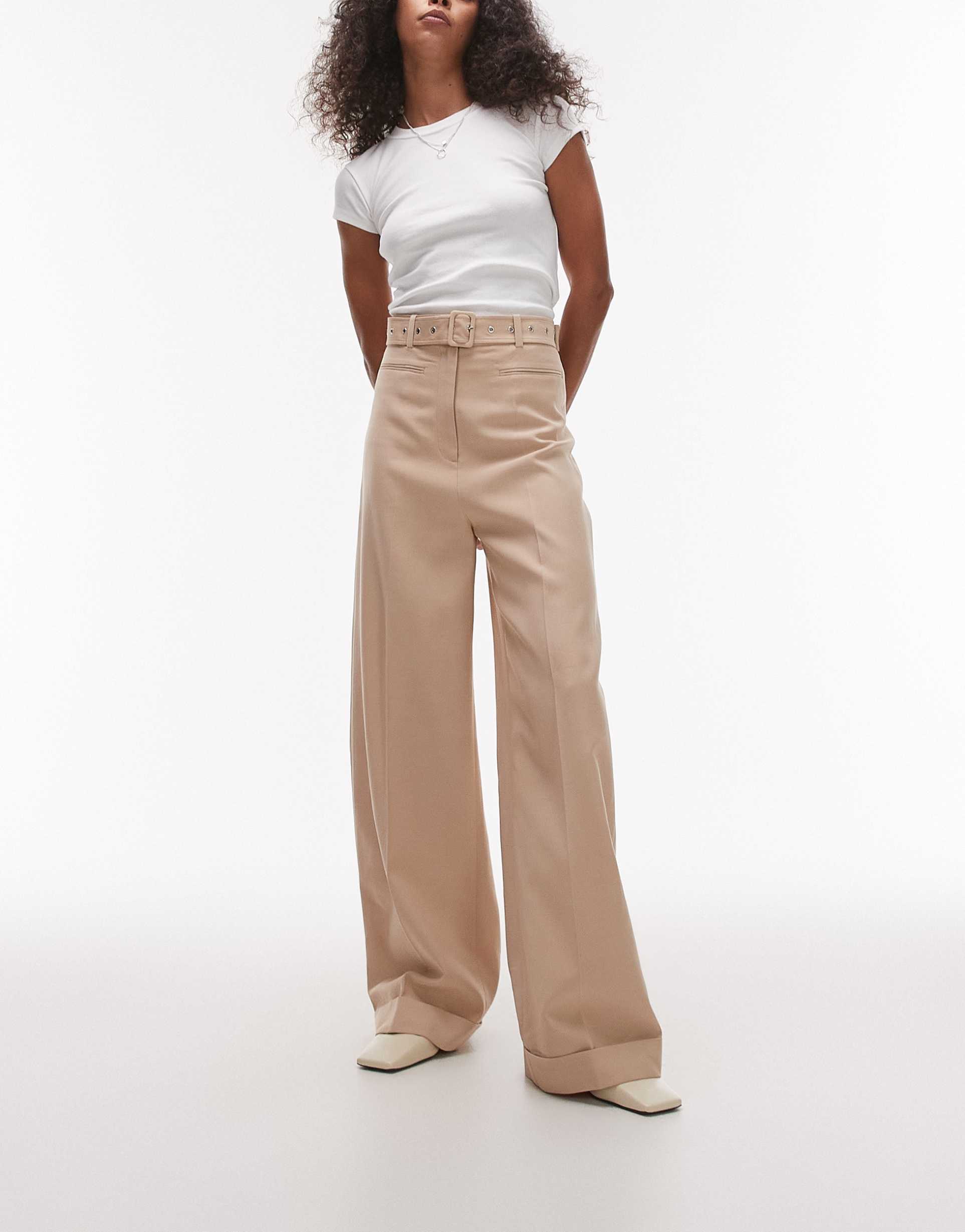 & other stories fluid wide leg pants with eyelet belt in beige