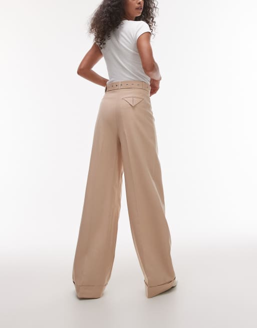 & Other Stories fluid wide leg pants with eyelet belt in beige, 4 of 5