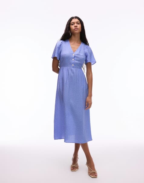 & Other Stories flutter sleeve midaxi dress in blue and white dot print - view 1