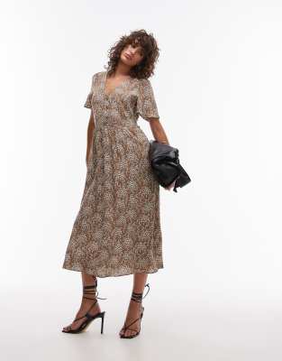 & Other Stories flutter sleeve midi dress in dark beige floral print-Multi