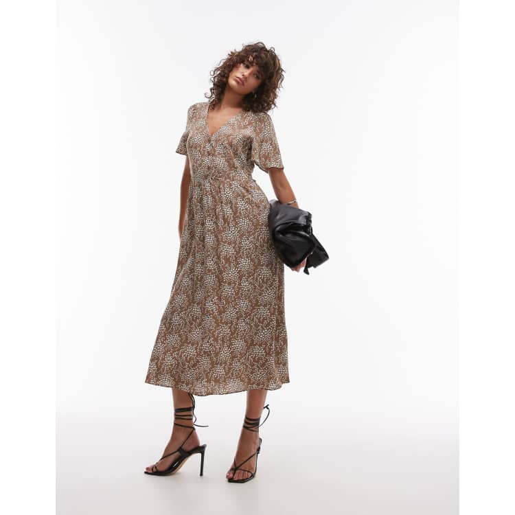 & Other Stories flutter sleeve midi dress in dark beige floral print | ASOS