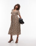 [Other Stories] & Other Stories flutter sleeve midi dress in dark beige floral print-Multi 36 Beige Floral