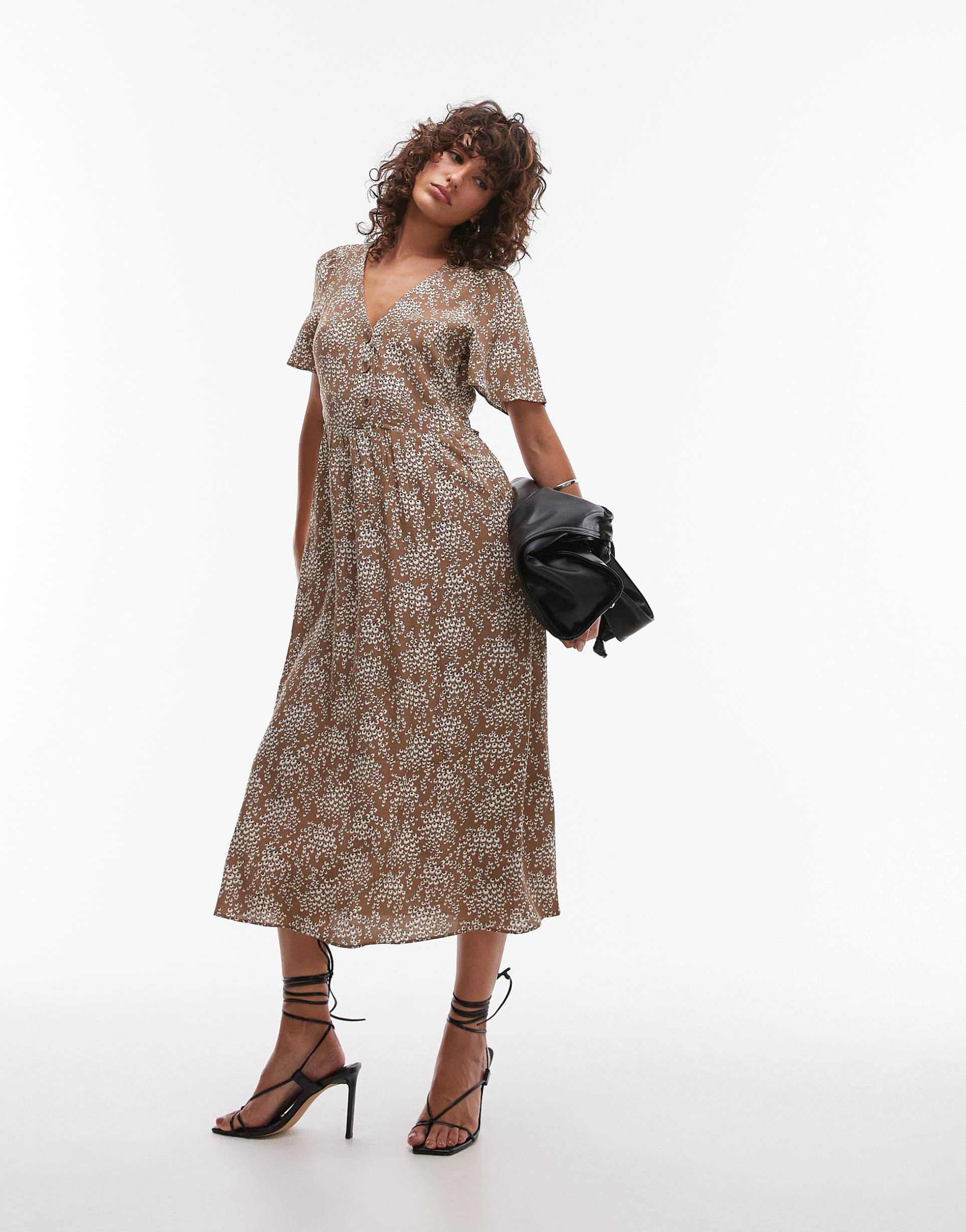 & other stories flutter sleeve midi dress in dark beige floral print