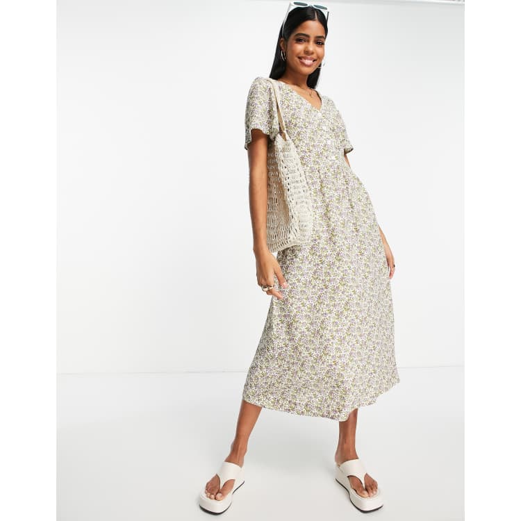 knee length dresses for ladies Mayra Floral Plissé Puff Sleeve Midi Dress main image 0