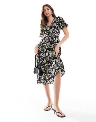 Other Stories &  Flutter Sleeve Midi Dress In Mono Floral Print-black