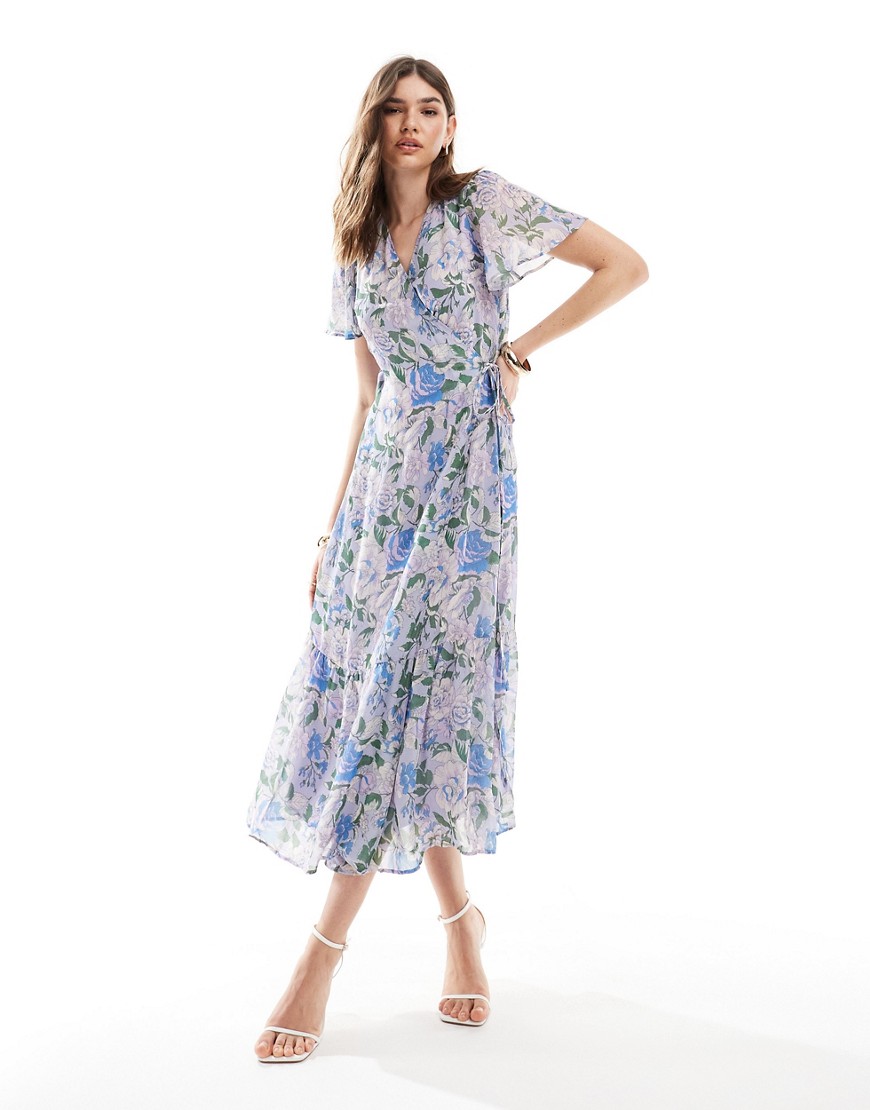 & Other Stories flutter sleeve midi dress with tiered hem in light blue floral print-Multi