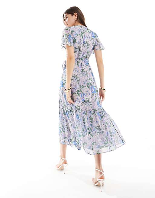 Flutter Sleeves Tiered Hem Pink Floral Mini Dres Flutter Sleeves Tiered Hem Pink Floral Mini Dres