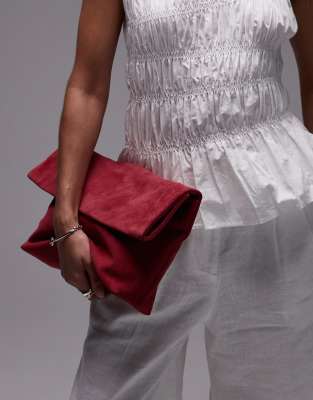 & Other Stories & Other Stories folded suede clutch with attachable shoulder strap in red raspberry