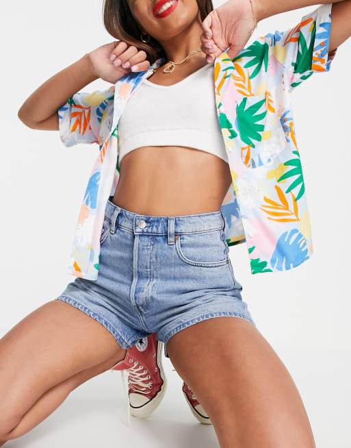 & Other Stories - Forever - Short en denim de coton à revers - Bleu aigue-marine - MBLUE