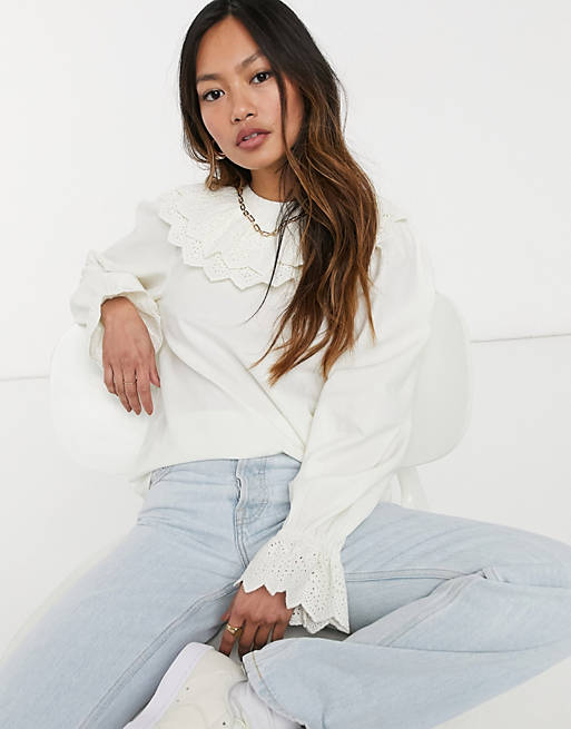 & Other Stories frill and broderie detail blouse in white