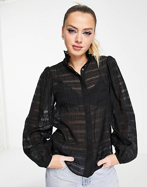 & Other Stories frill collar semi sheer blouse in black