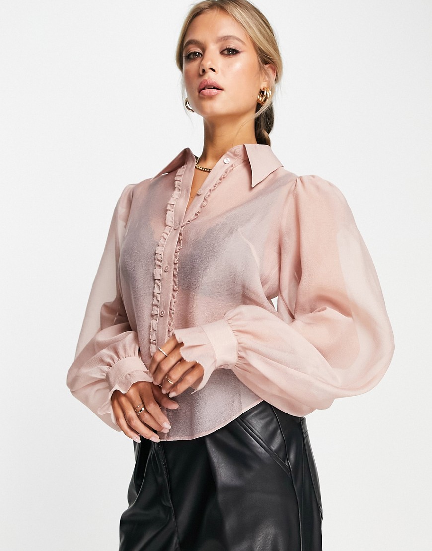 & Other Stories frill detail blouse with volume sleeves in blush-Pink