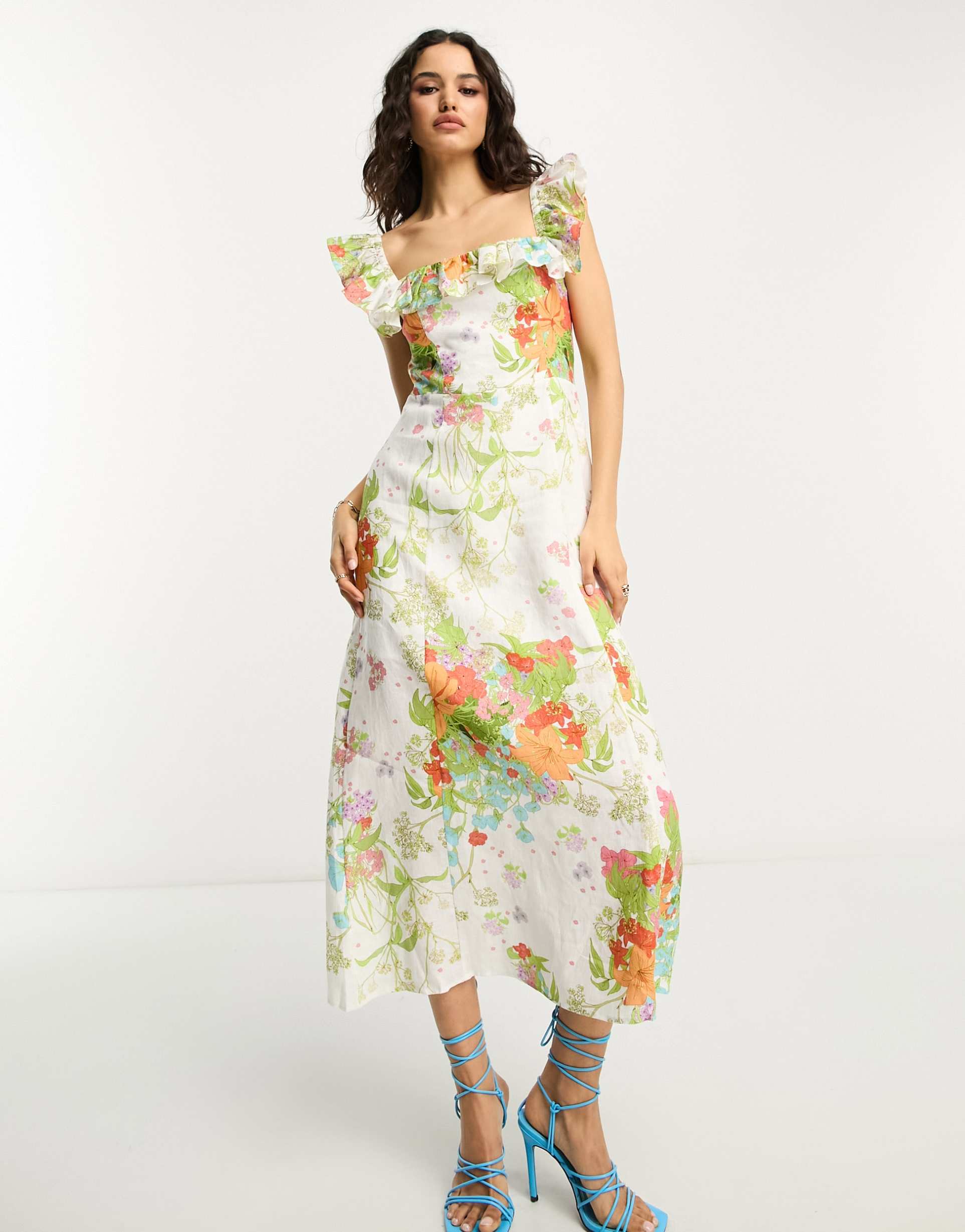 & other stories frill detail midaxi dress in multi floral print