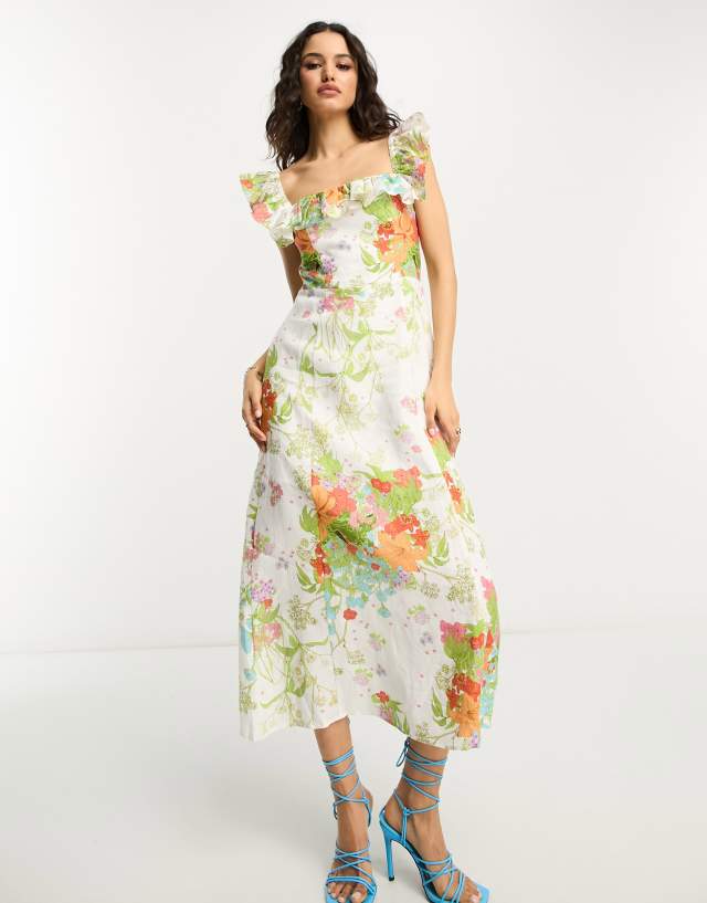 & Other Stories - frill detail midaxi dress in multi floral print