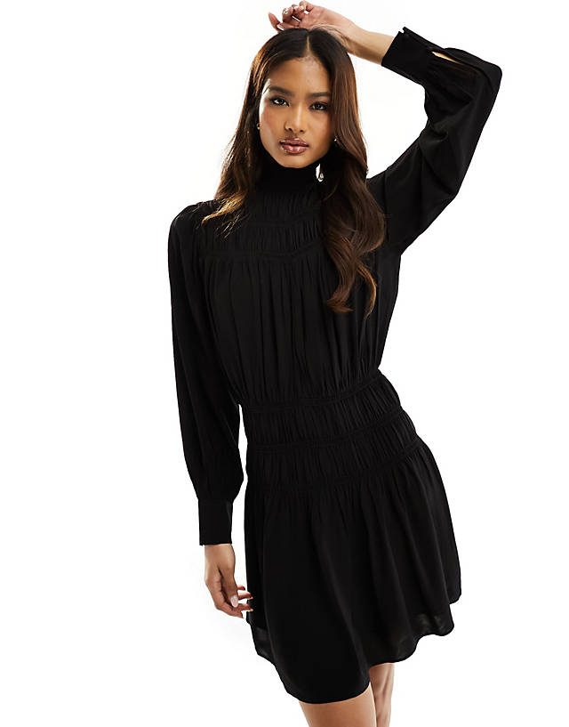 & Other Stories - frill high neck long sleeve dress with puff sleeves in black