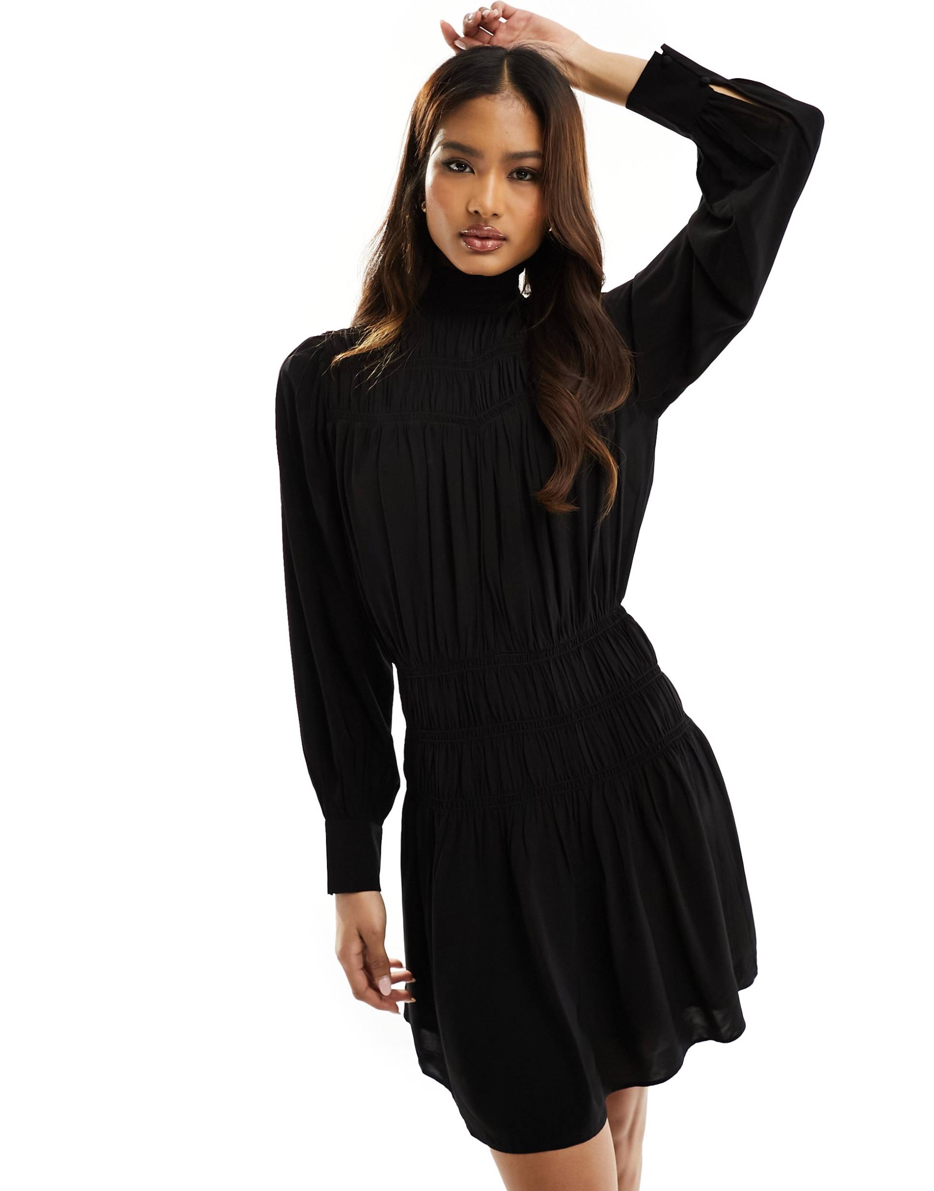 & other stories frill high neck long sleeve dress with puff sleeves in black