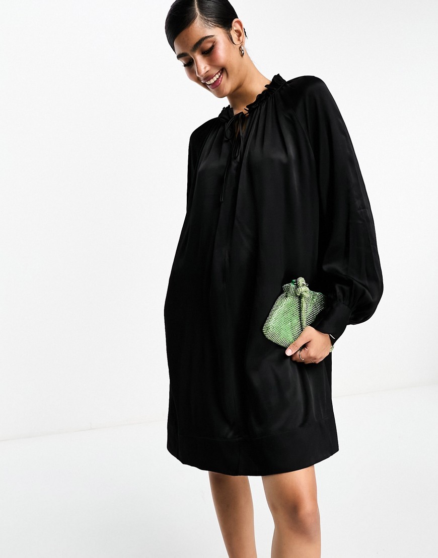 & Other Stories frill neck long sleeve satin dress in black