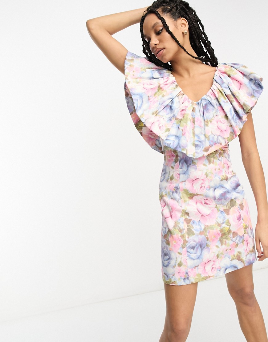 & Other Stories frill sleeve mini dress in floral print-Multi