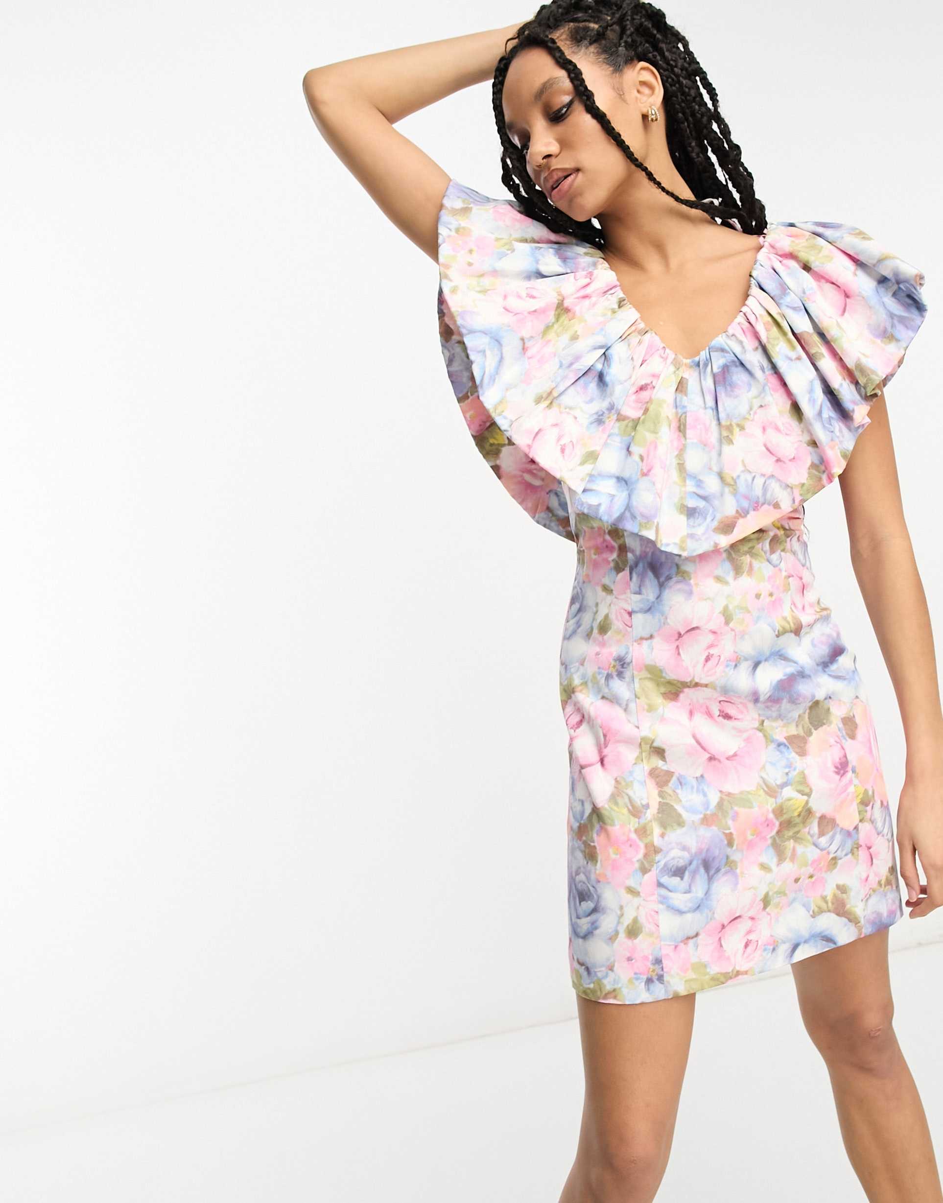 & other stories frill sleeve mini dress in floral print