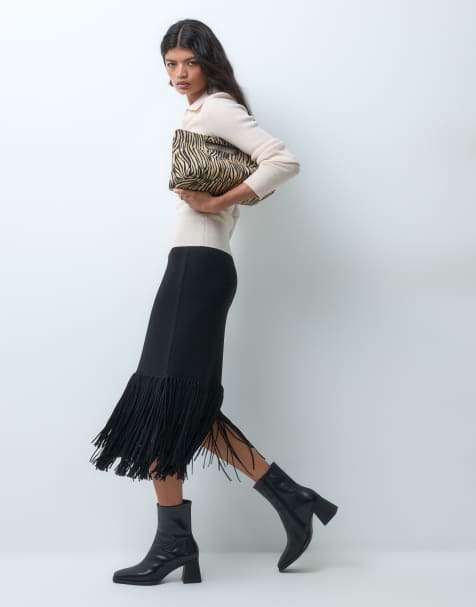 & Other Stories fringe midi skirt in black - view 1