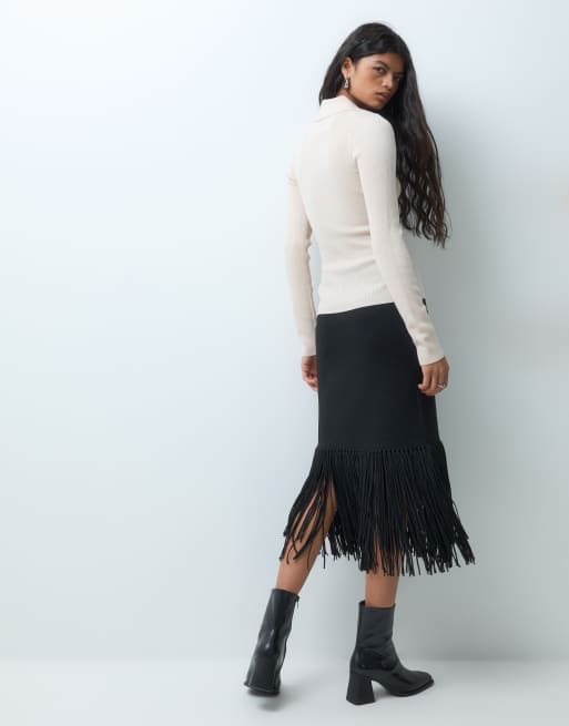 & Other Stories fringe midi skirt in black, 4 of 5