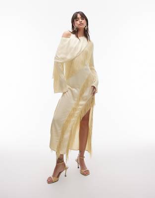 & Other Stories Fringed Maxi Dress With Drape Detail And Thigh Slit
