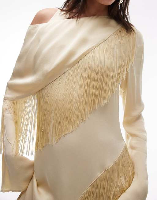 other stories gold dress & fringed maxi with drape detail and thigh slit in butter yellow product_type:sample