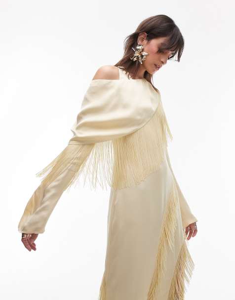 & Other Stories fringed maxi dress with drape detail and thigh split in butter yellow