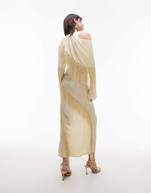 & Other Stories fringed maxi dress with drape detail and thigh split in butter yellow, 3 of 4