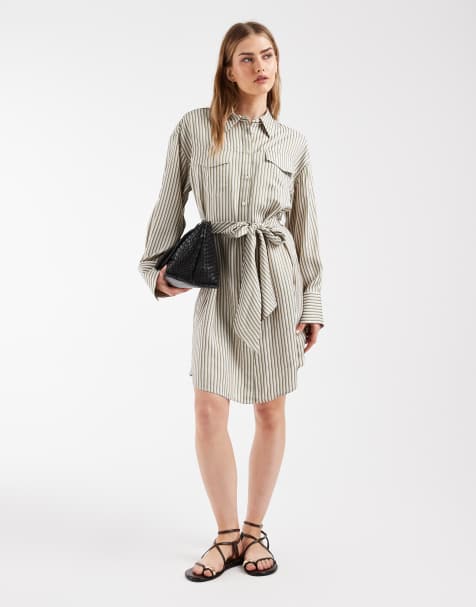 & Other Stories front tie collared mini shirt dress in blue and white stripe