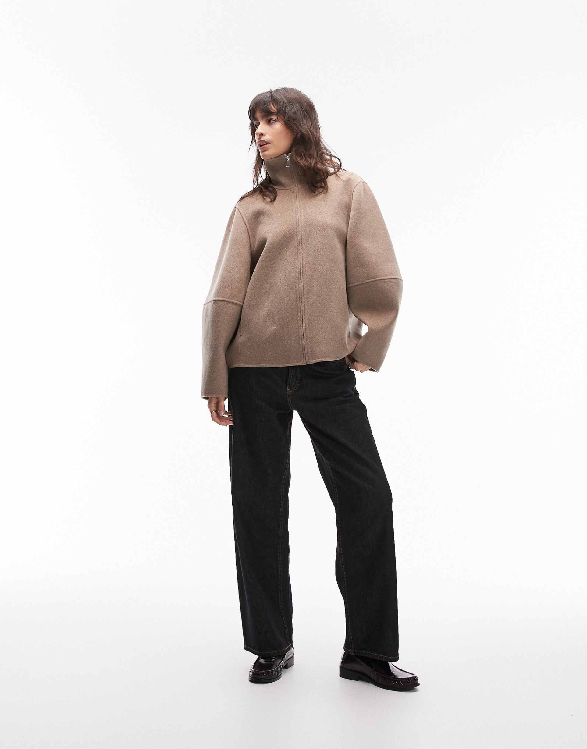 & other stories funnel neck knit bomber jacket in mocha brown