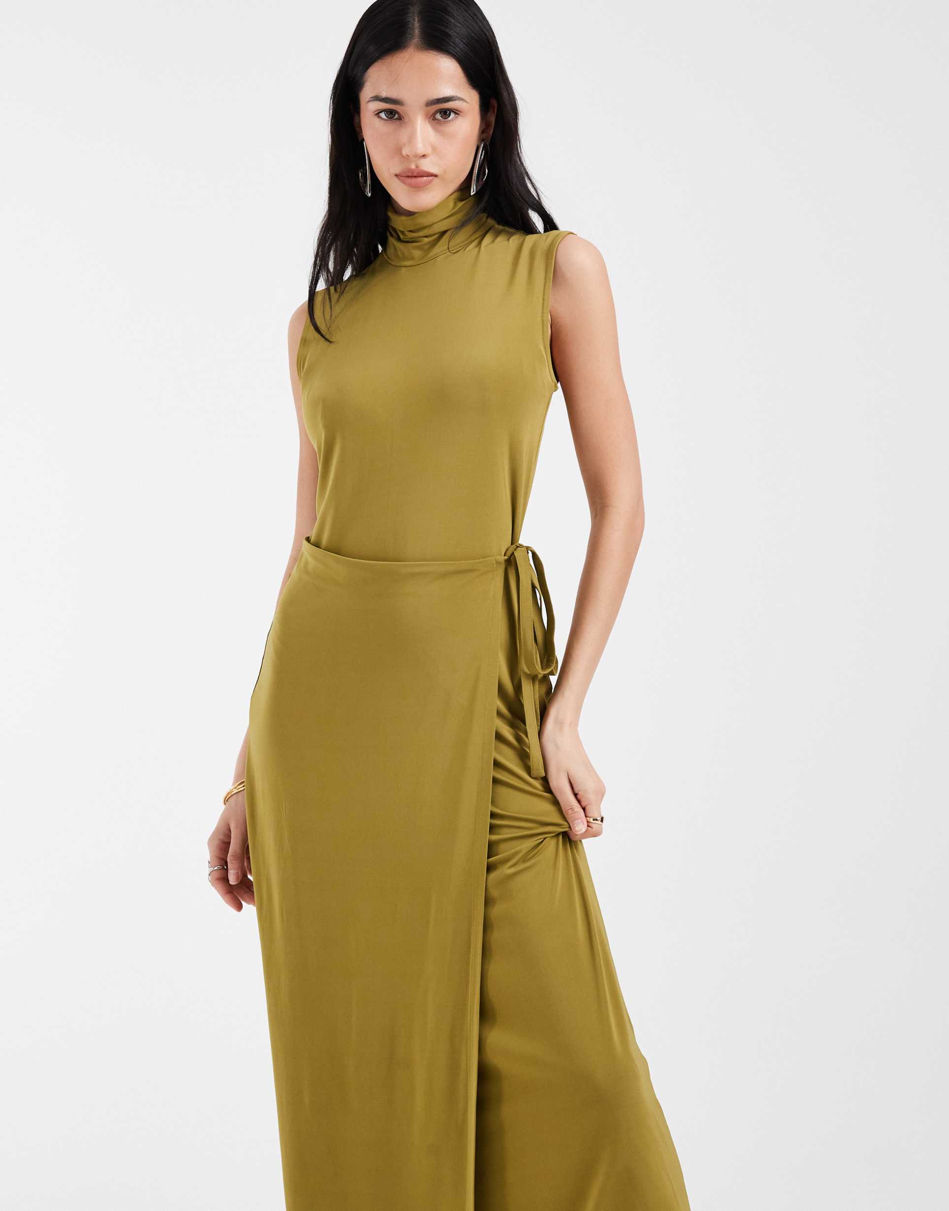 & other stories funnel neck tie waist midi dress in olive green