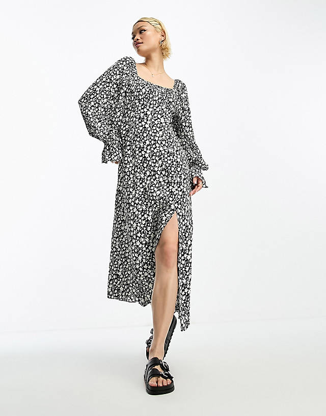 & Other Stories - gathered sleeve midaxi dress in black floral