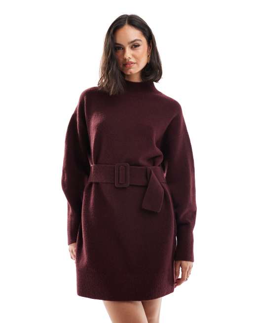 Other Stories Gebreide mini jurk met riem in bordeauxrood ASOS