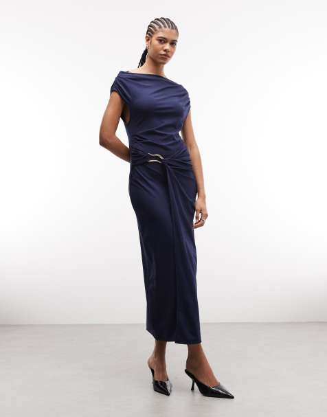 & Other Stories - Gedrapeerde midi-jurk van jersey met boothals en gespdetail in marineblauw - view 1