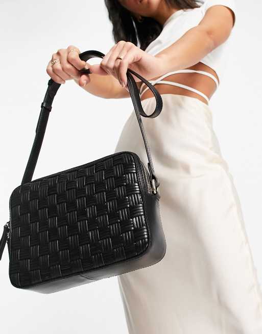 Other Stories geometric braided leather cross body bag in black