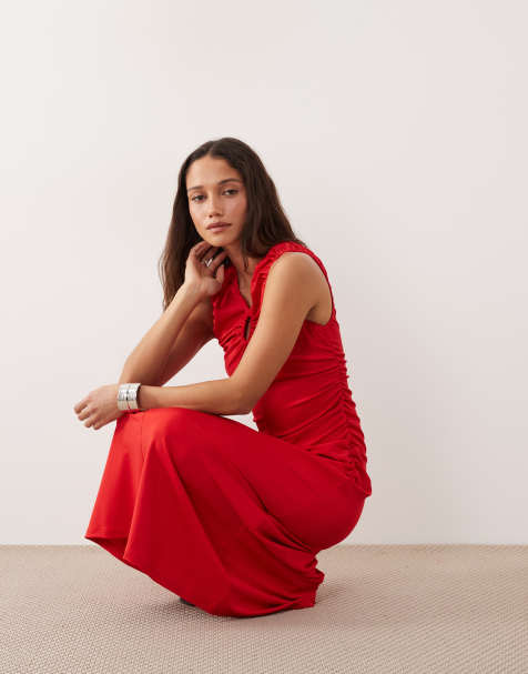 & Other Stories – Gerafftes, ärmelloses Midikleid in Rot mit Schlüssellochausschnitt - view 1