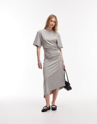 & Other Stories - Gerafftes Jersey-Midikleid in meliertem Grau mit asymmetrischem Saum