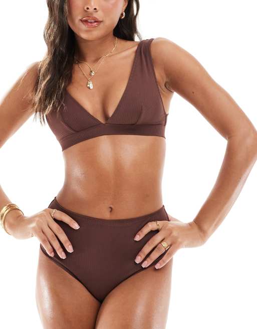 & Other Stories - Geribbeld bikinibroekje met hoge taille in donkerbruin