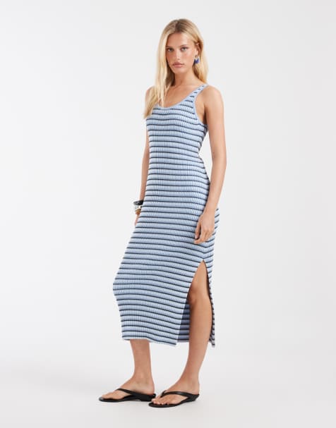 & Other Stories - Geribbelde gestreepte gebreide maxi jurk in blauw en wit gestreept - view 1