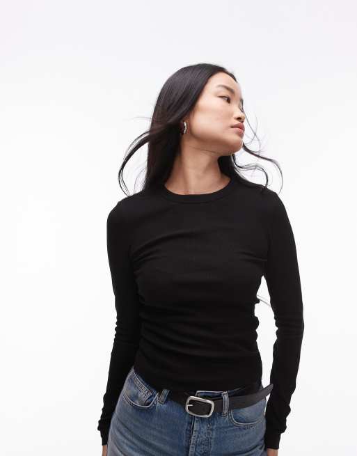 & Other Stories - Geribbelde top met lange mouwen in zwart