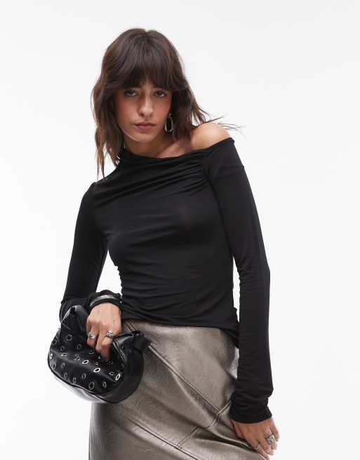 & Other Stories - Gerimpelde top van jersey met blote schouder en lange mouwen in zwart
