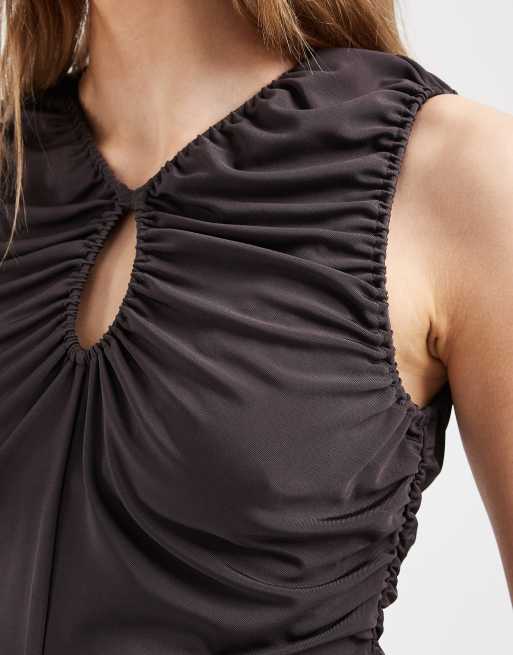 & Other Stories - Gerimpelde top van jersey met keyhole in donker paddenstoelkleur, 3 van 4