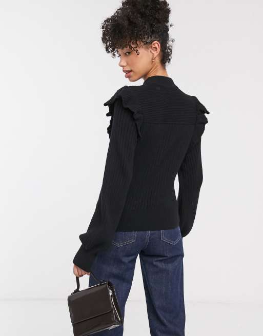 & Other Stories – Gerippter Pullover mit gerüschten Schultern in Schwarz, 2 von 4